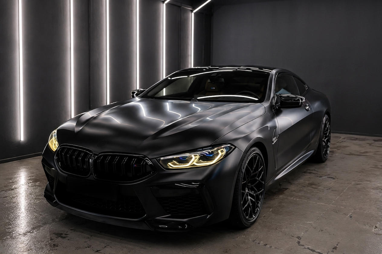 Freshly detailed dark coupe in a detailing bay