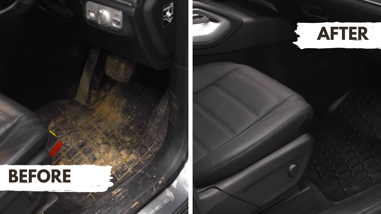 Before and after comparison of a vehicle footwell and front seat after cleaning