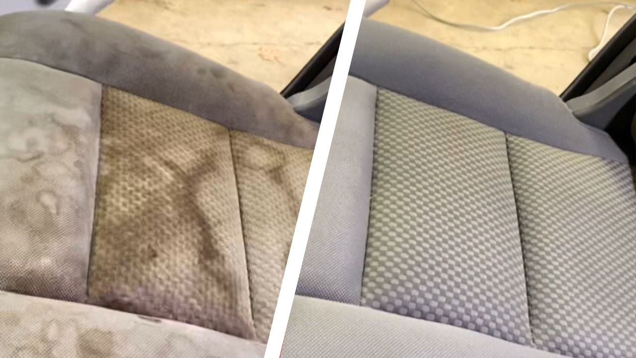 Before and after comparison of a stained fabric car seat after cleaning